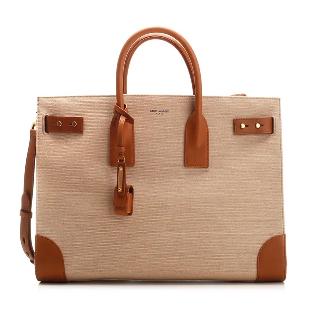 NEW Saint Laurent Two Tone Canvas And Leather Large Sac De Jour Handle Bag